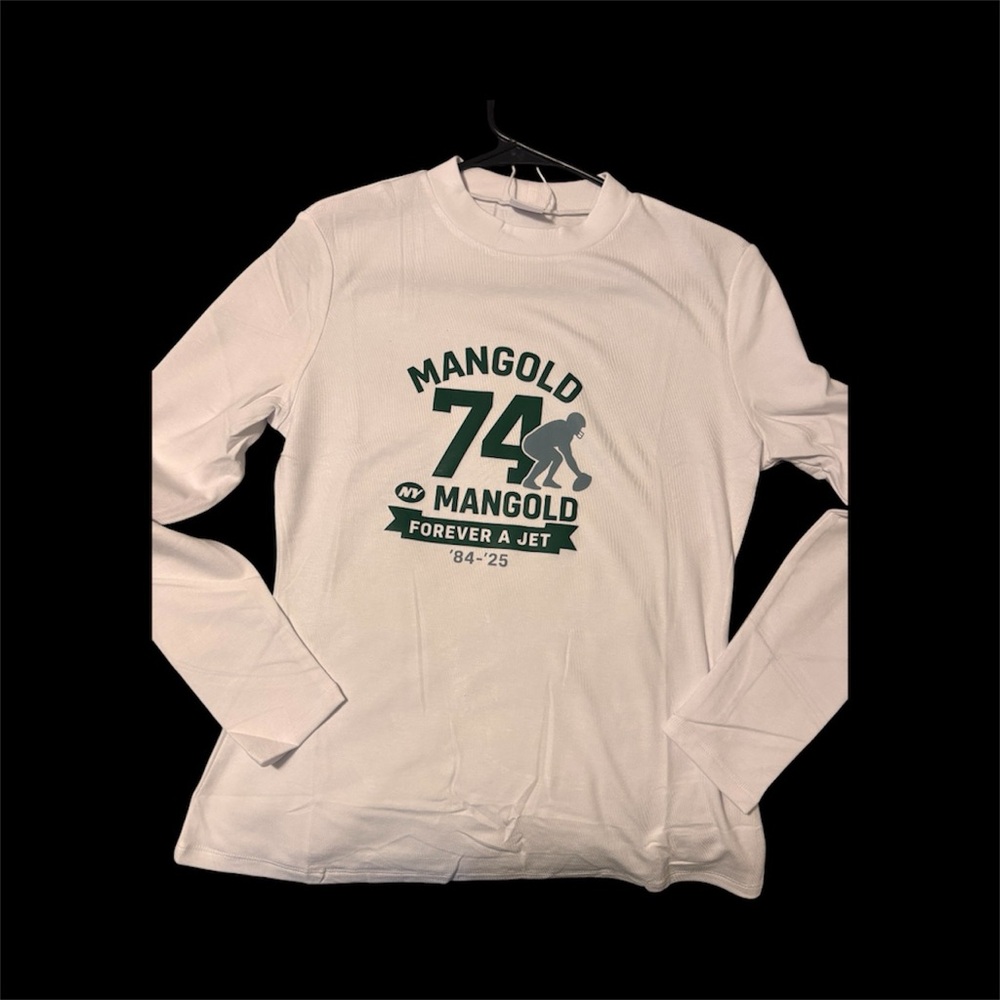 White Long Sleeve Shirt with NY Jets Nick Mangold Green Graphic